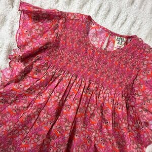 Roopa Pemmaraju Pink Floral Cotton Smocked Flutter Sleeve Blouse Womens Medium